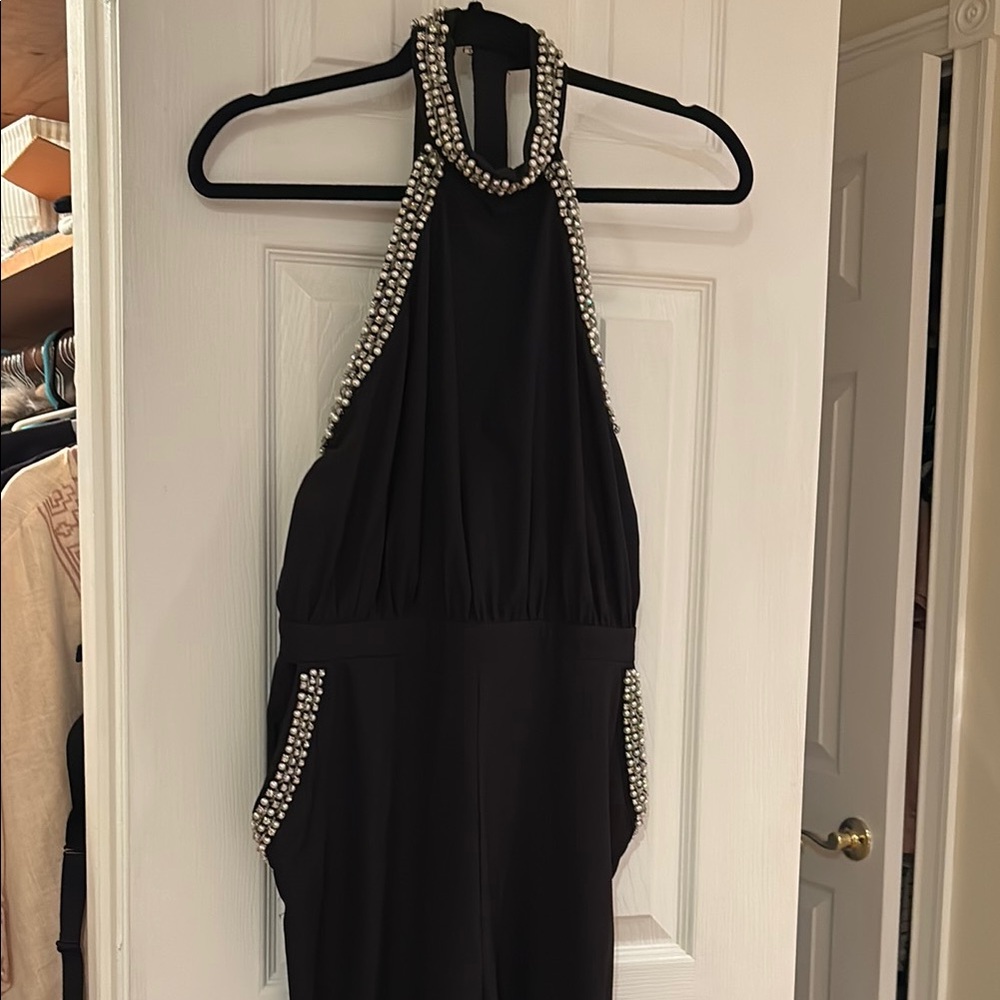 XOXO Black jumpsuit with pearl and rhinestone trim. Halter. Beaded